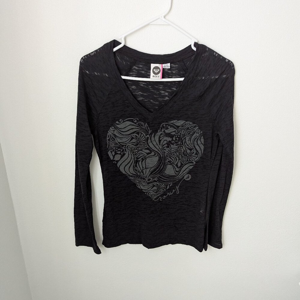 Roxy Semi-Sheer Black V-Neck Long Sleeve Tee, Medium